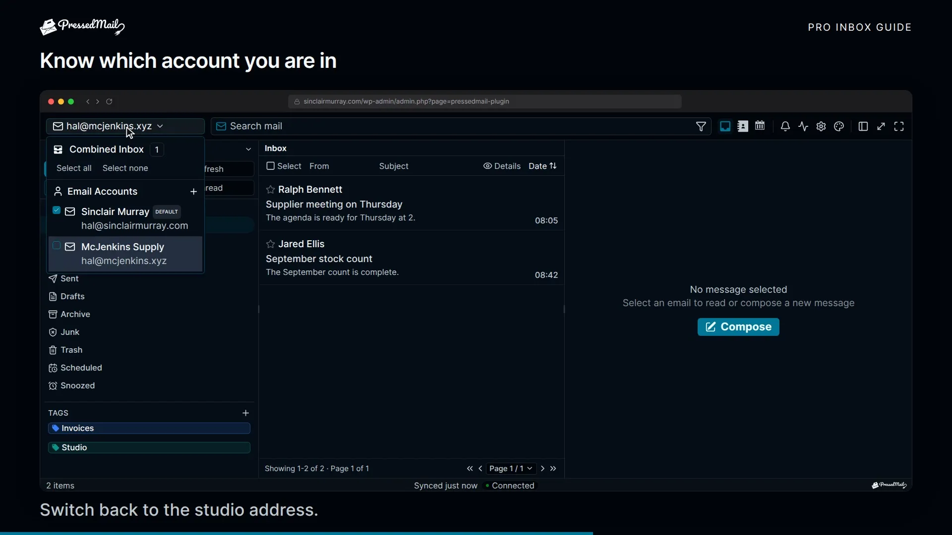 Switching between one account and the combined inbox