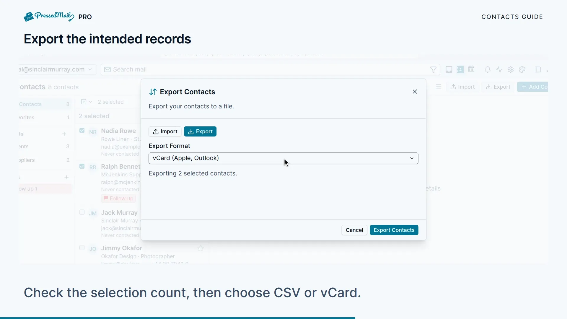 Exporting only the contacts you selected