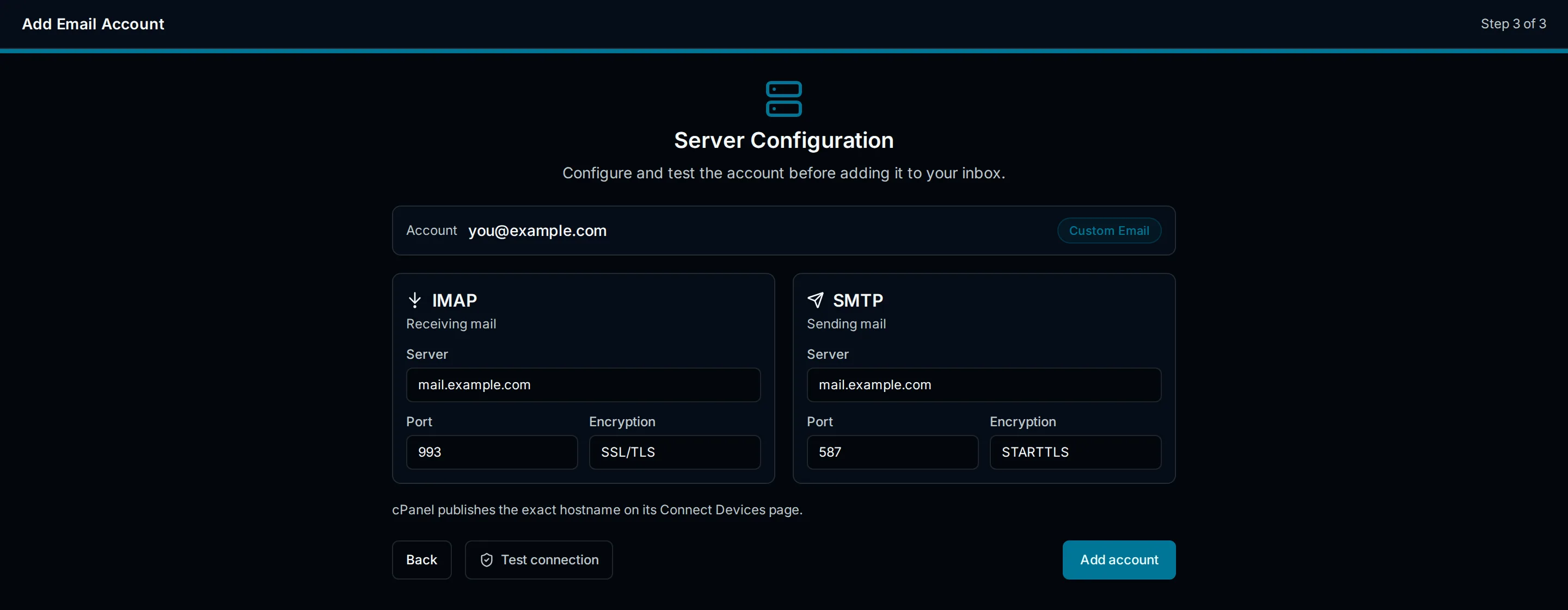 A cPanel mailbox connects through Custom Email