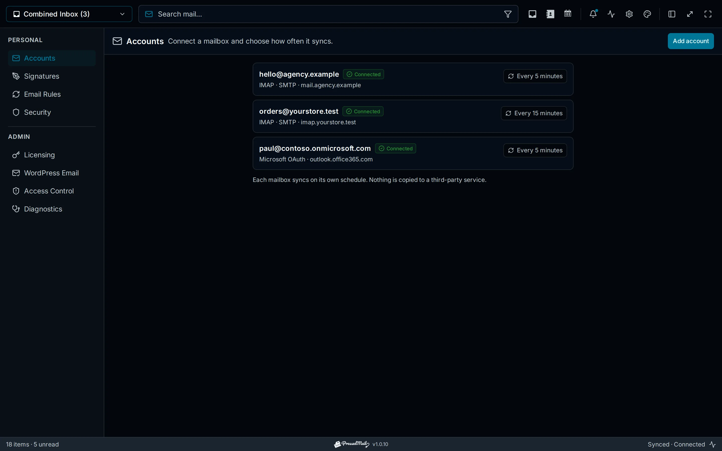 Connected mailboxes, their transport and their sync interval