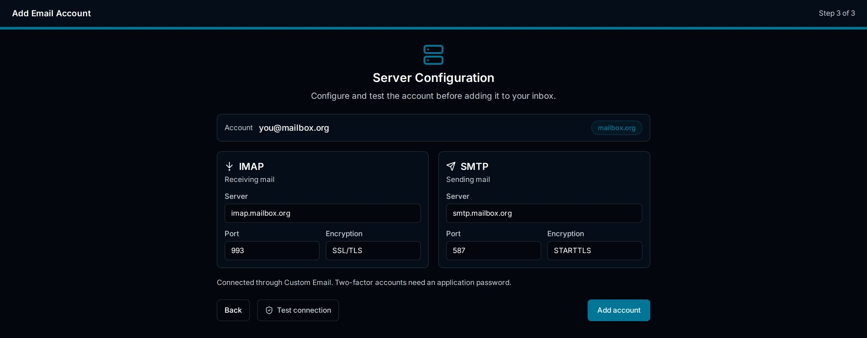mailbox.org connects through Custom Email with mailbox.org's servers