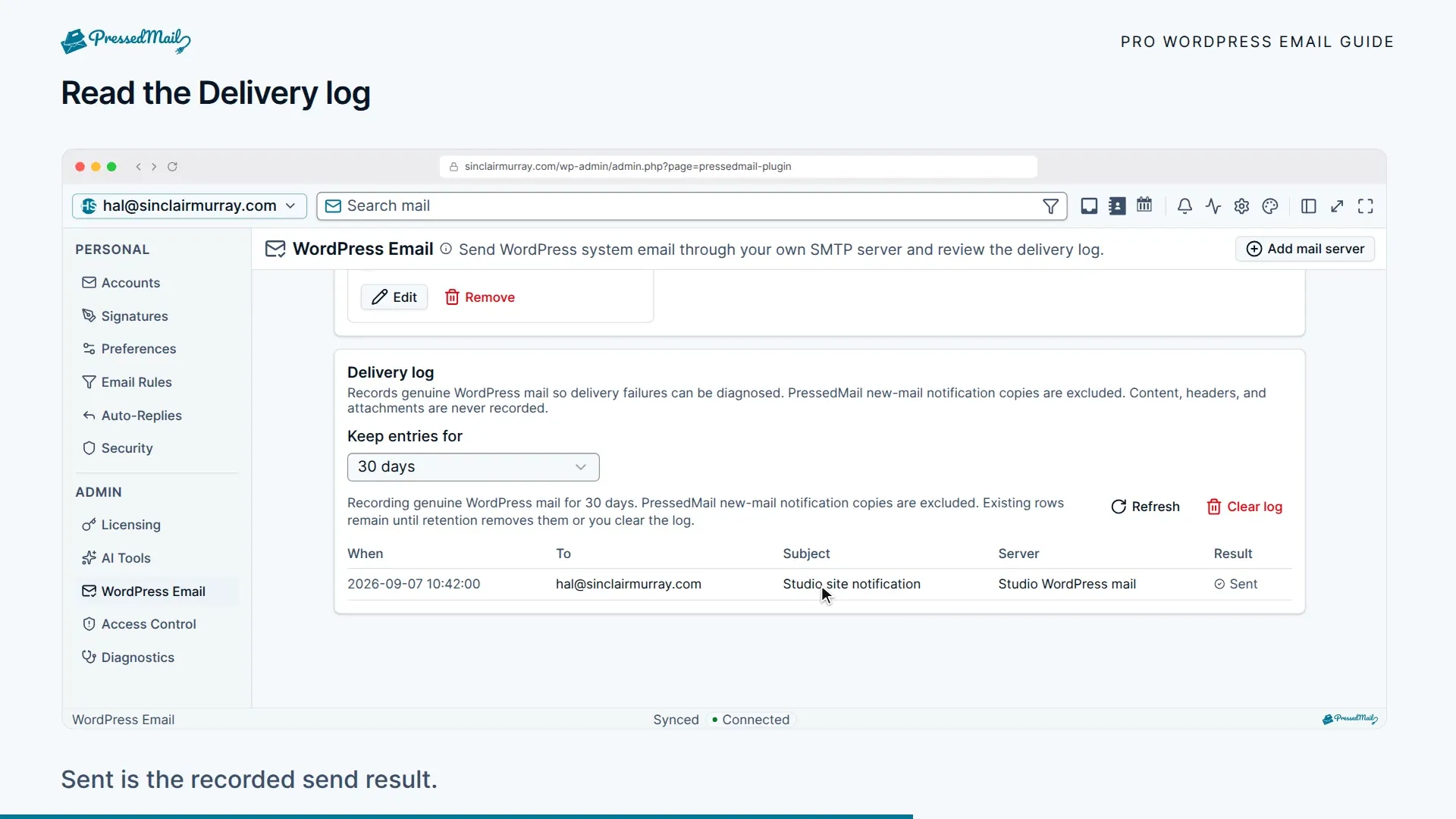 Reading a log entry for a message the site sent