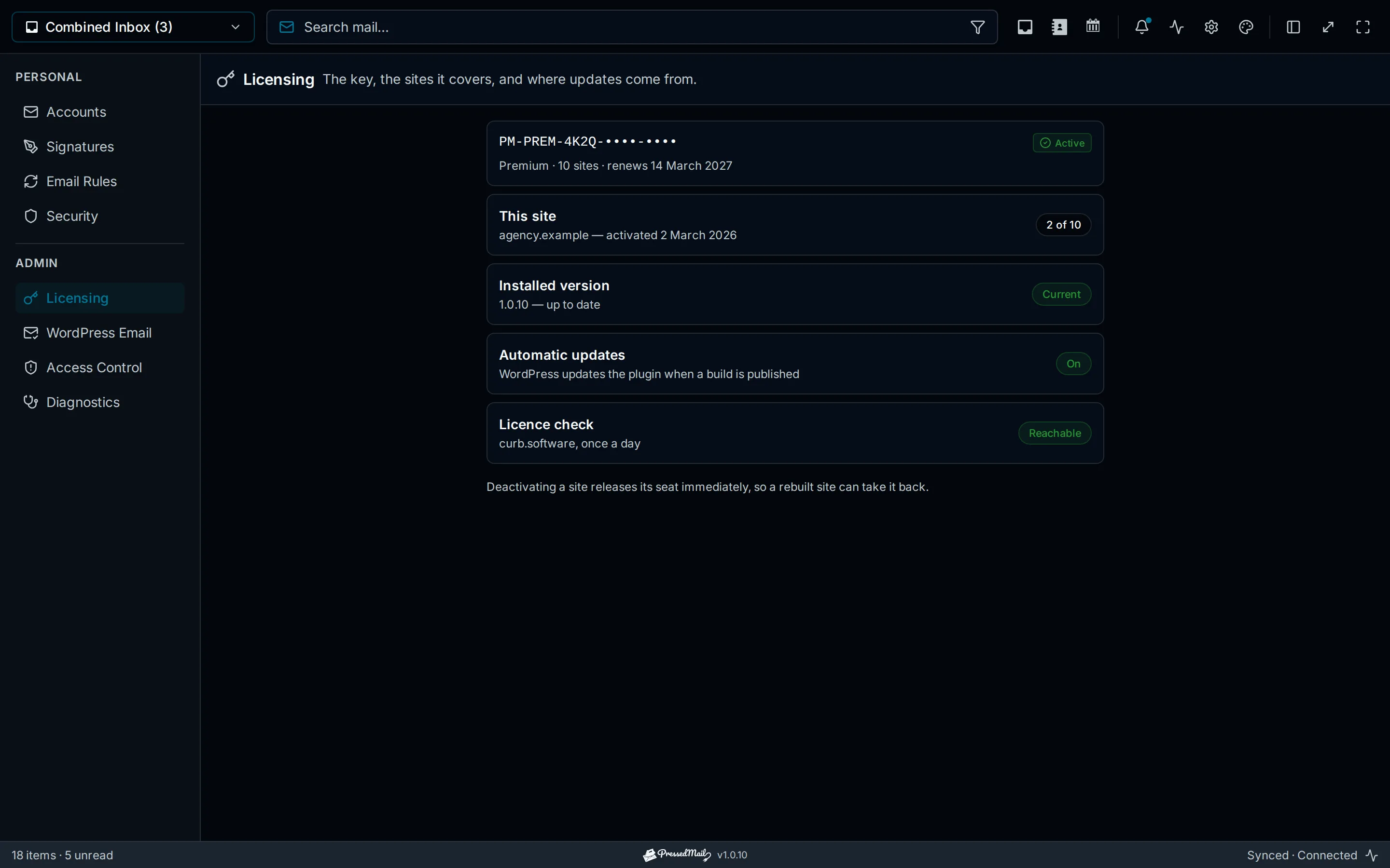 An activated licence and the site it covers