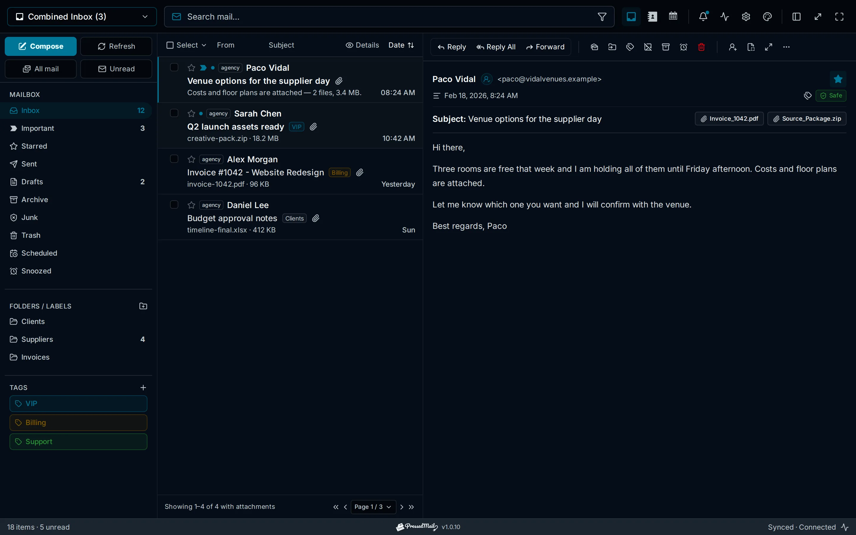 Messages carrying files, with their sizes