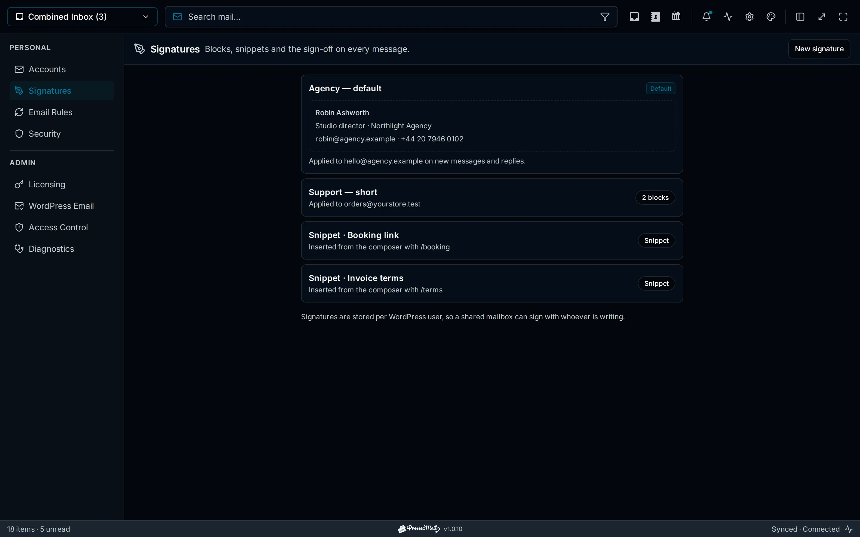 Signatures and the snippets the composer can insert