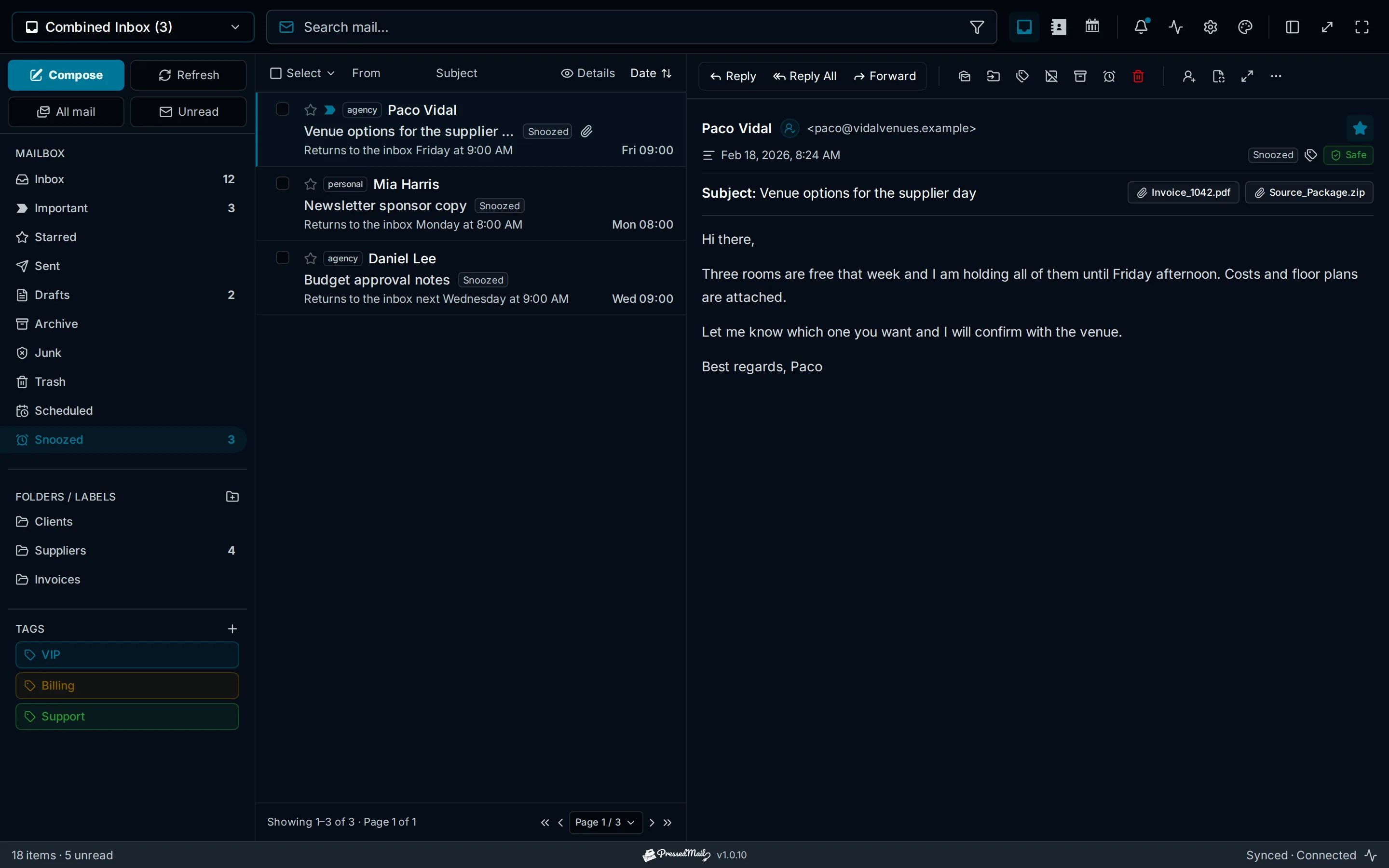 Snoozed mail, with when each message comes back