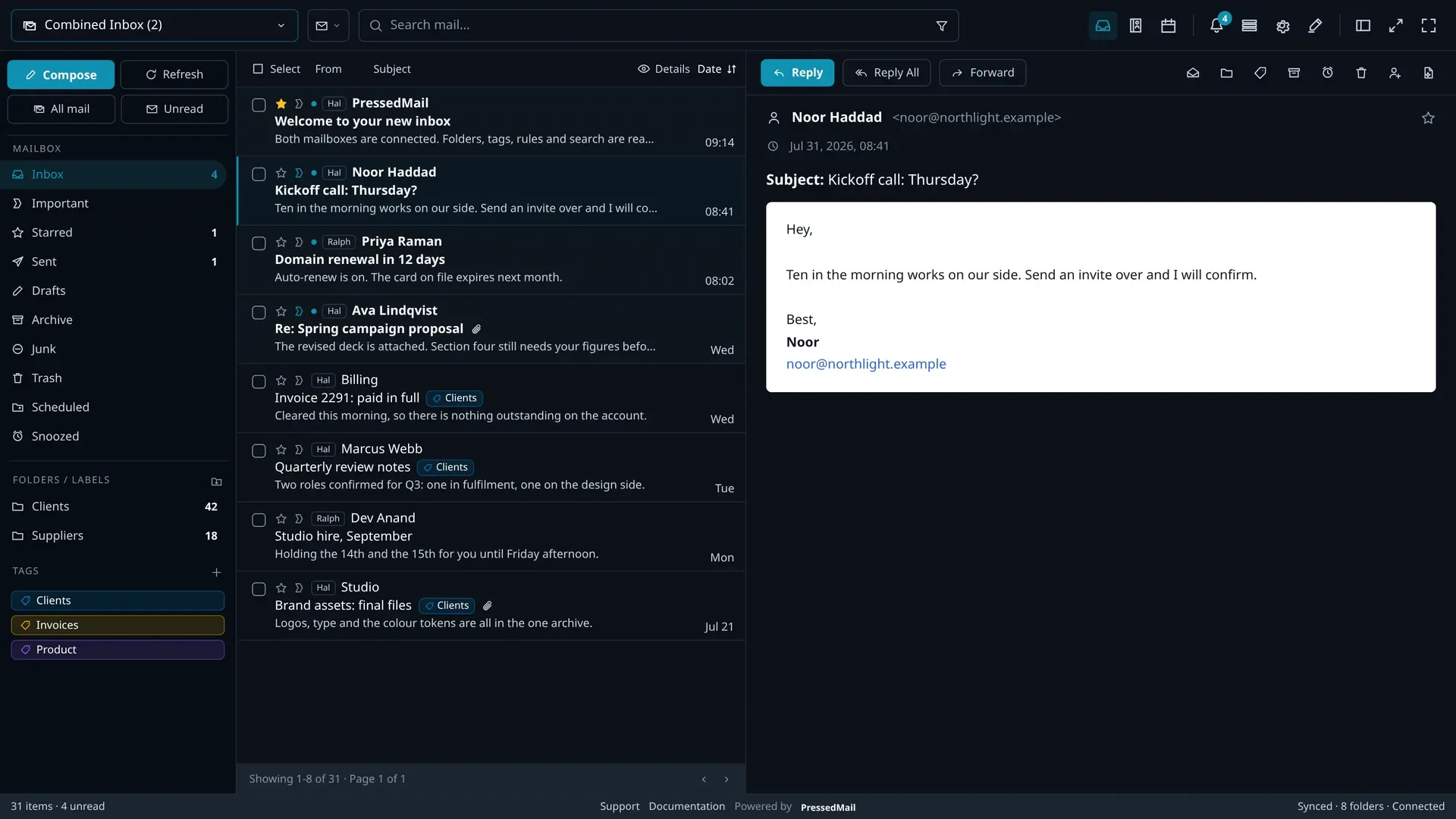 Mail from several accounts arriving in one inbox