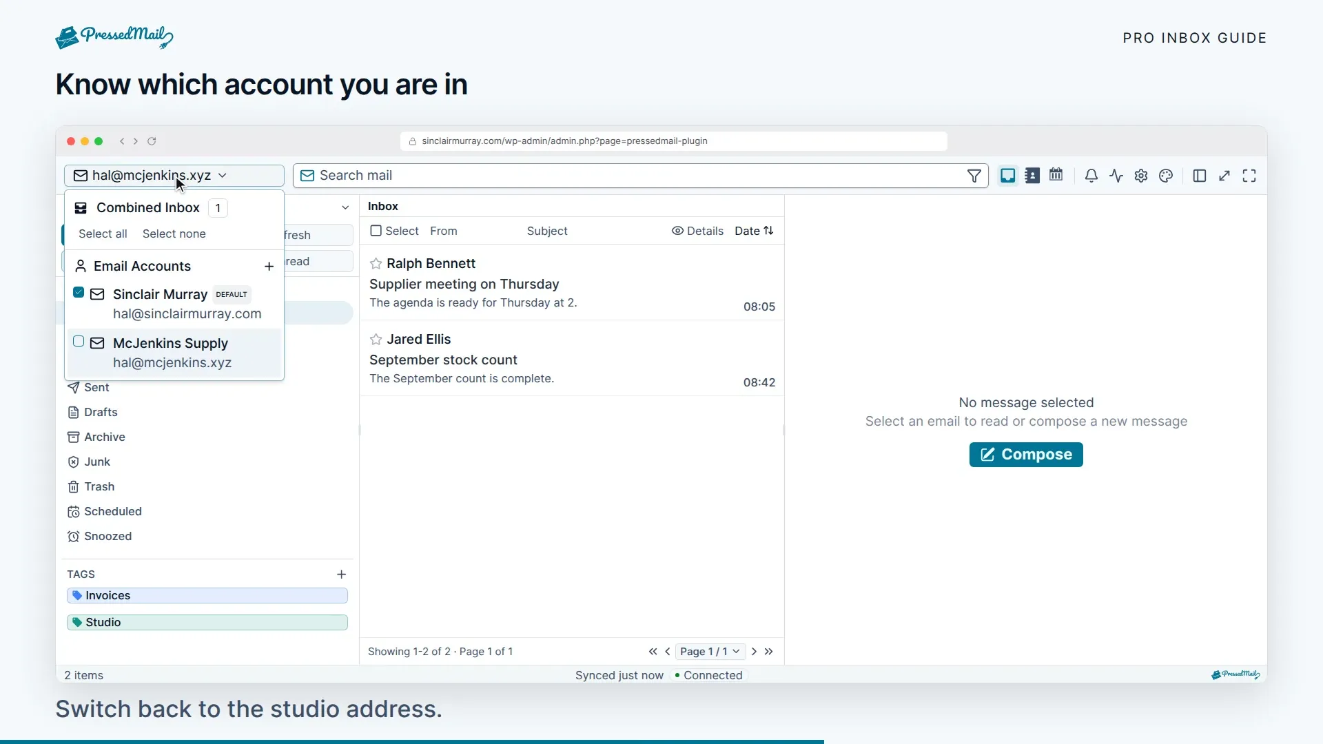Switching between one account and the combined inbox