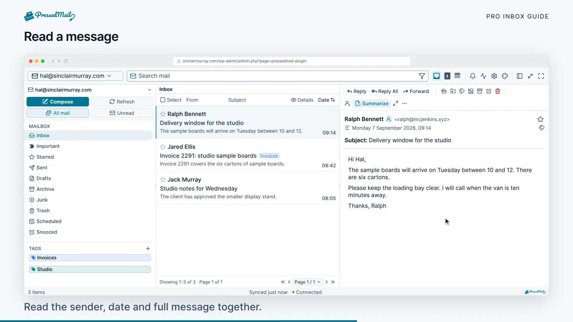 Opening and reading a message in the paid combined inbox