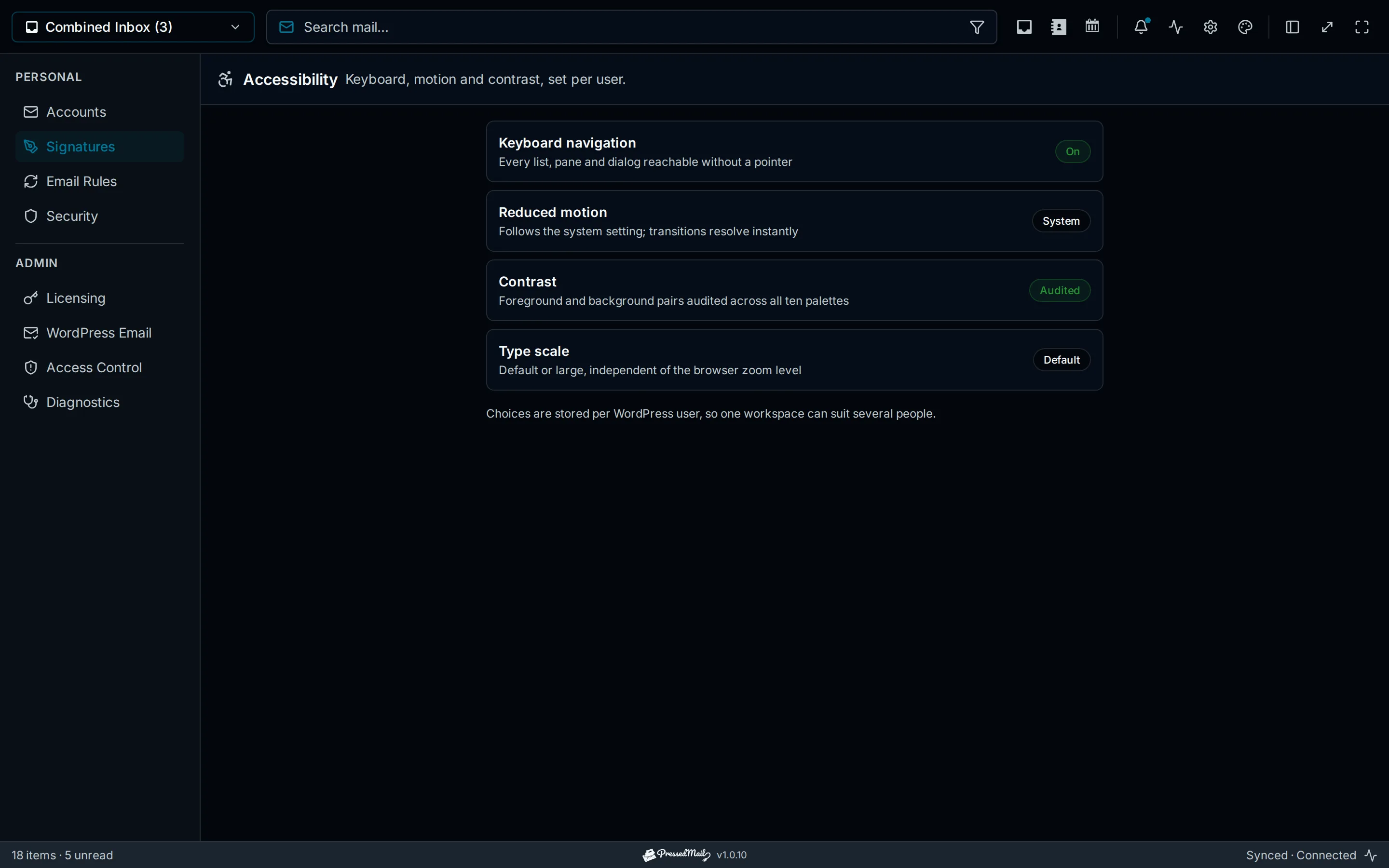 Keyboard, motion and contrast, stored per WordPress user