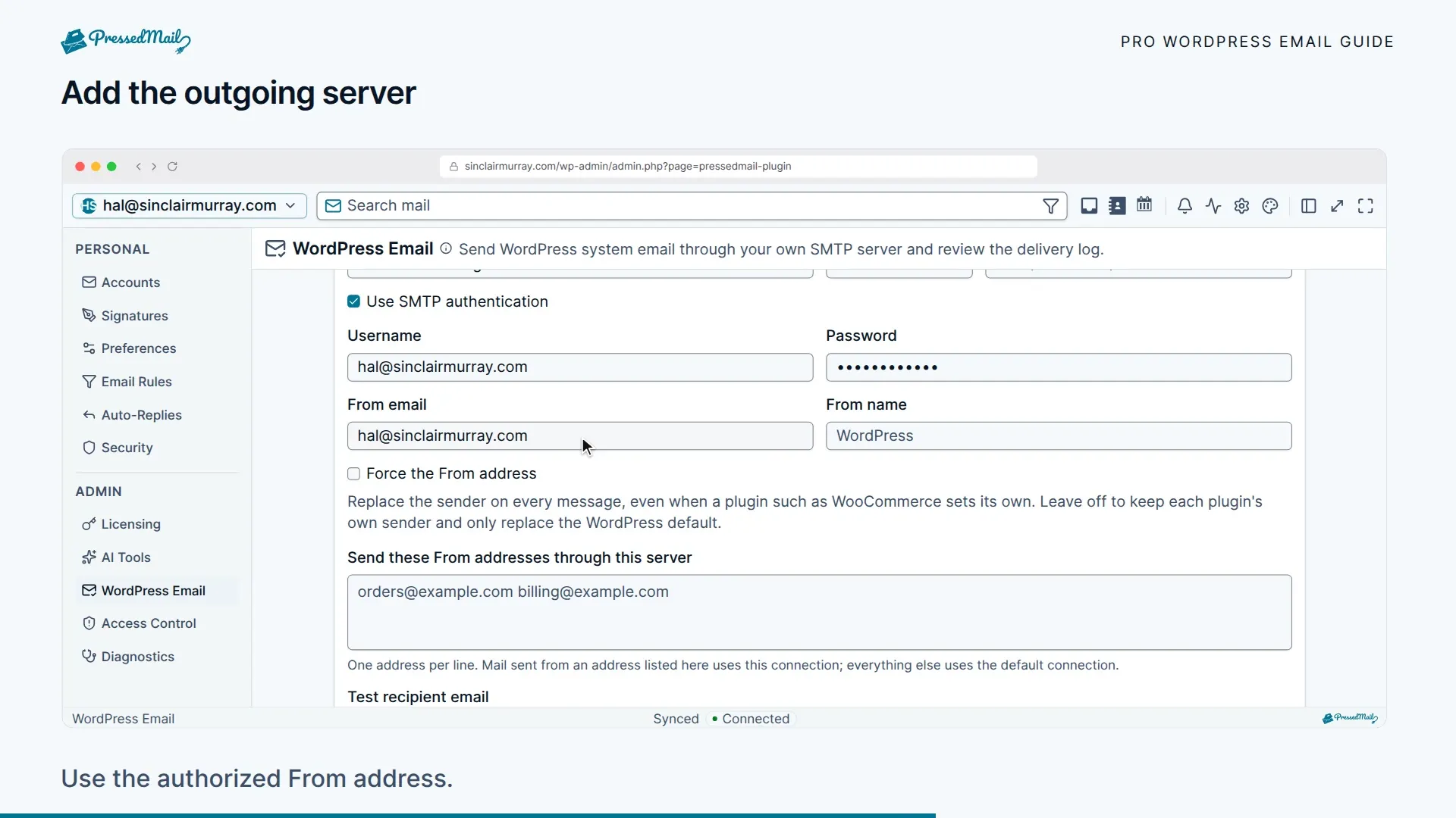 Entering and saving the outgoing server