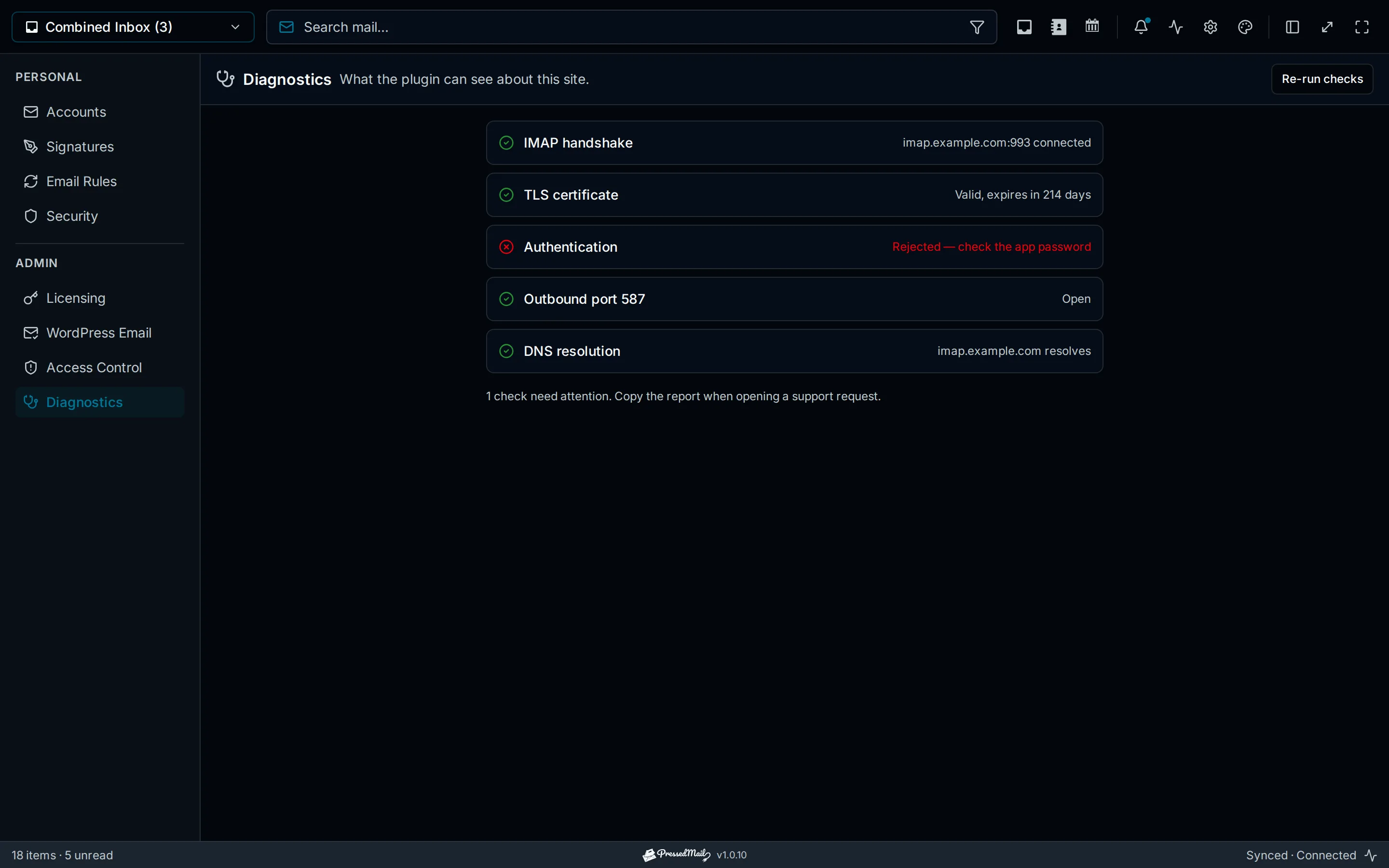 The connection checks, including the one that failed
