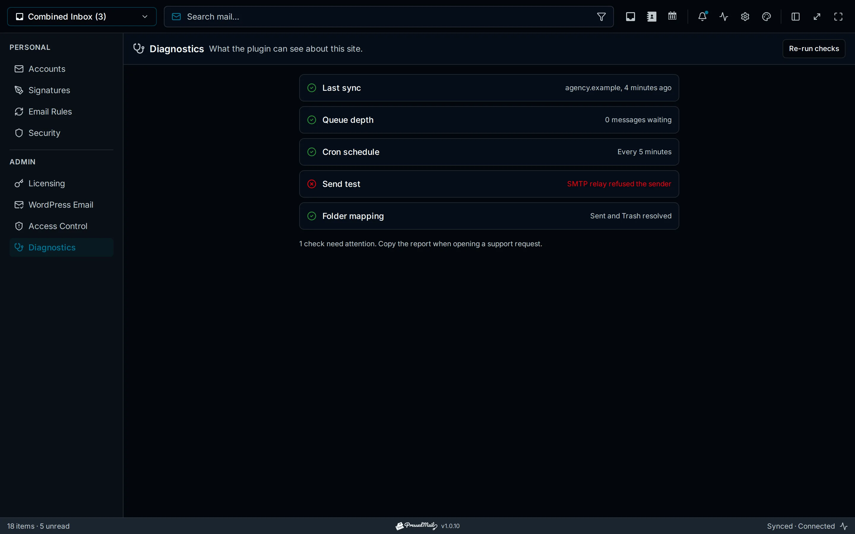 Sync and sending checks, including the one that failed