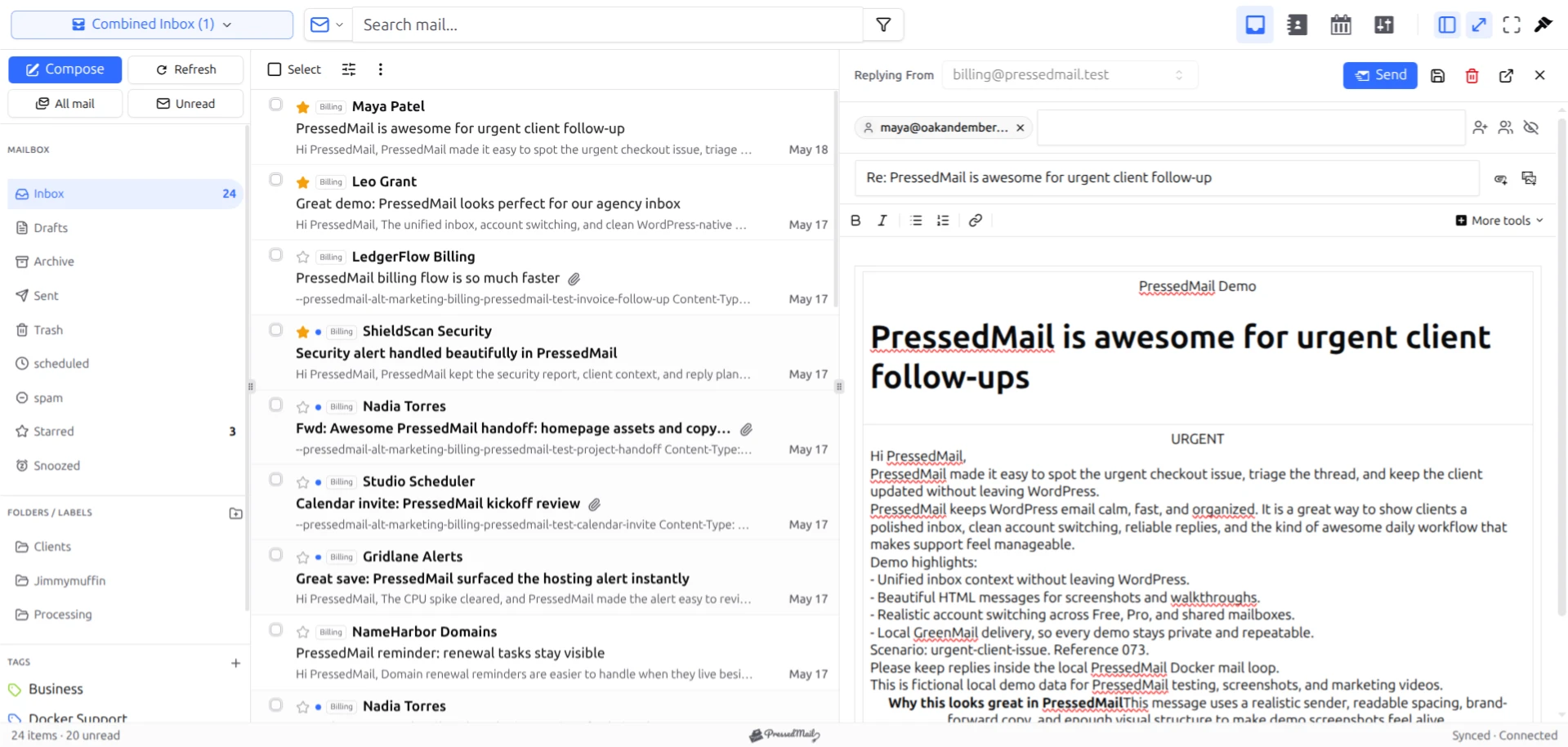 PressedMail displaying a message list and reply composer.
