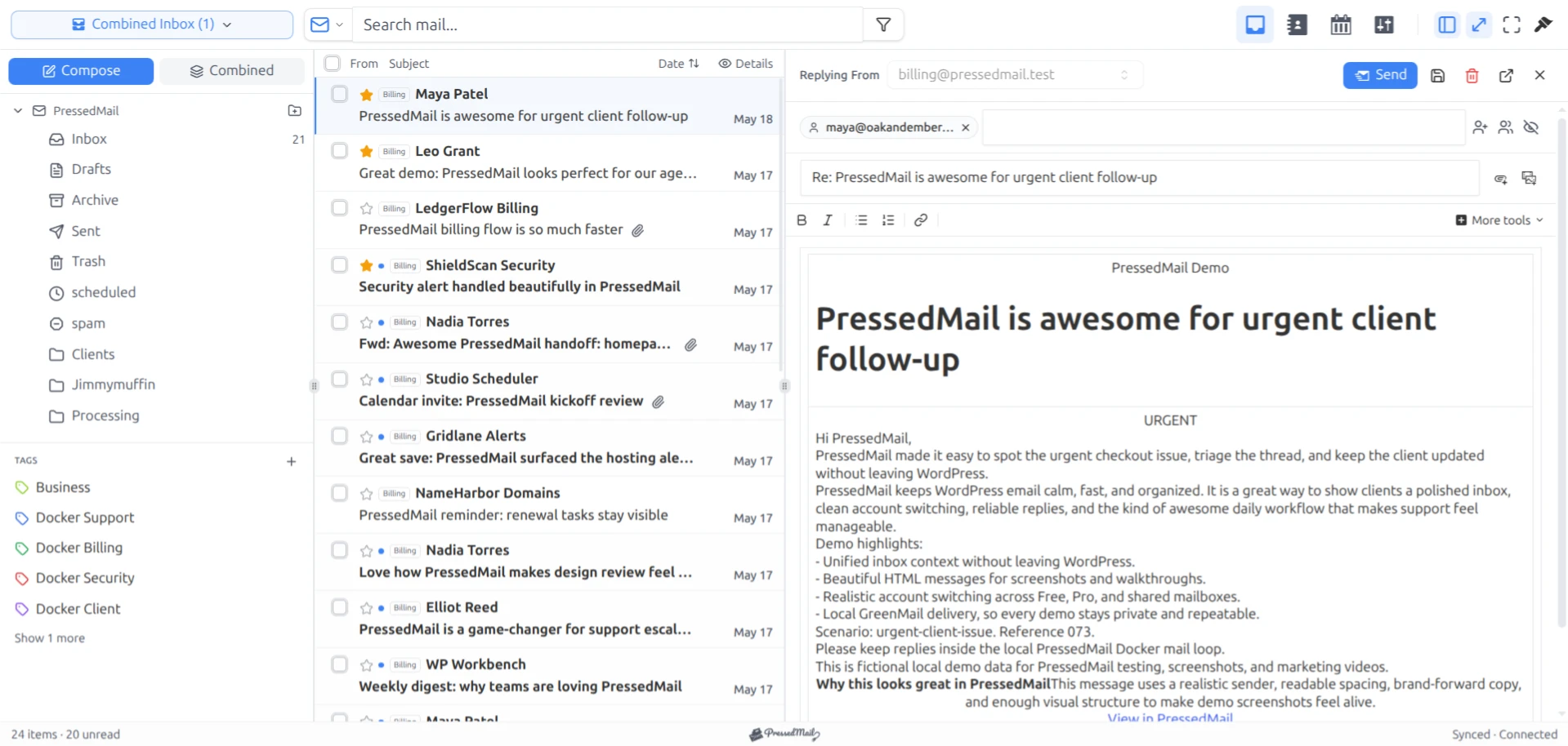 Folders, tags, message list, and a reply in the PressedOut layout.