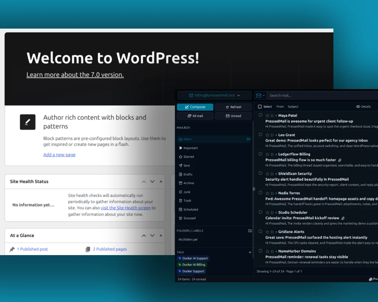 WordPress dashboard and PressedMail inbox shown together in a composite.