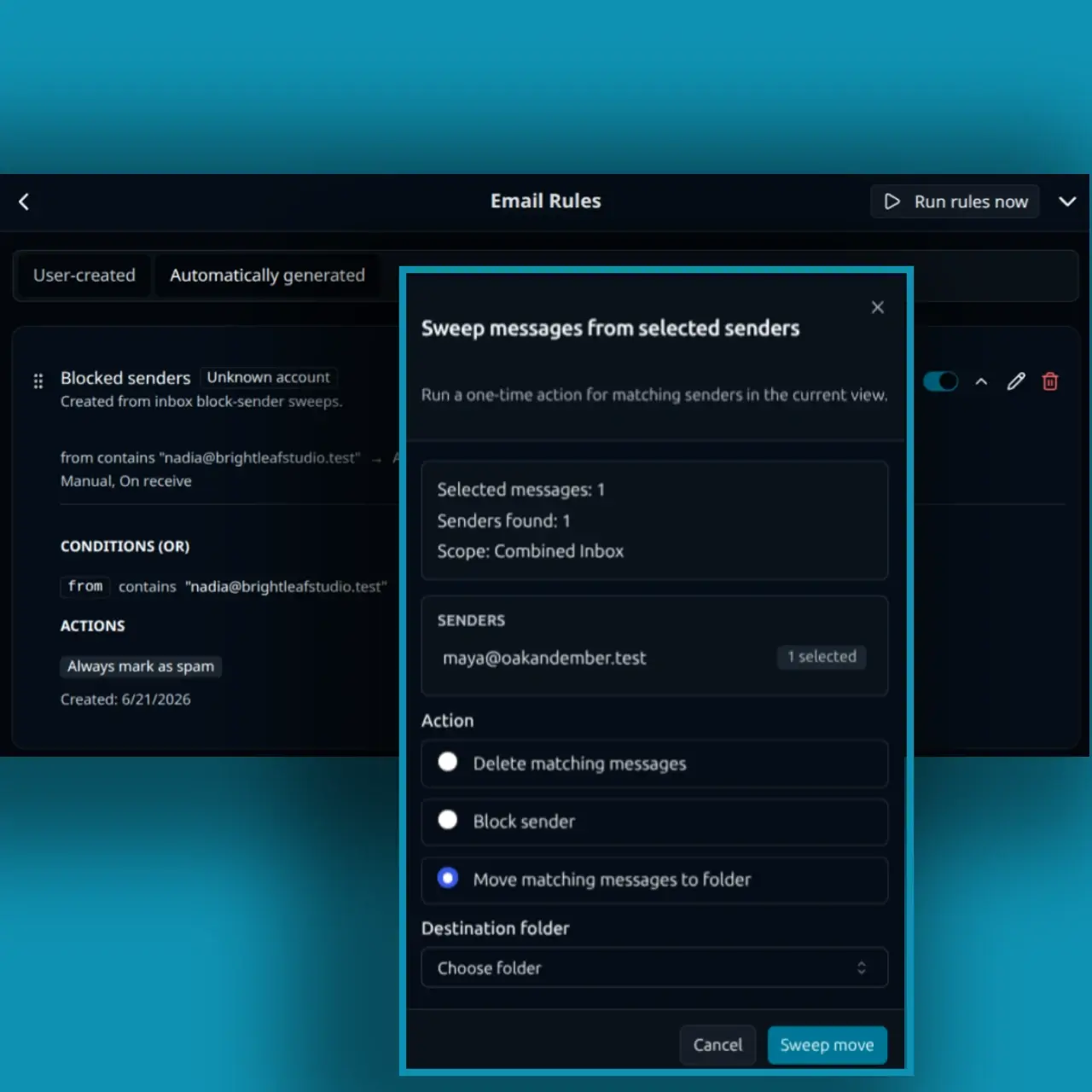 Rule controls and a sender-sweep action in PressedMail